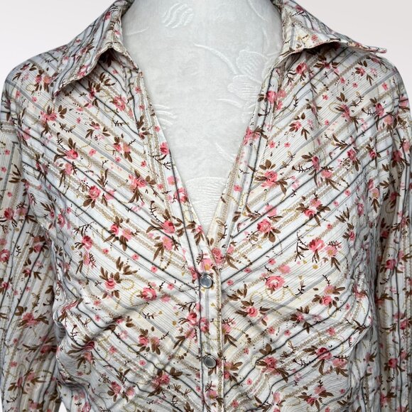 Faded Glory Floral Button Up Shirt Stretch Cotton Blend 3/4 Sleeve Size 16W - Picture 2 of 10